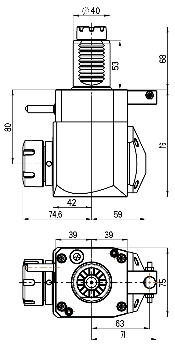 RG Tools VDI 40, winkliger Werkzeughalter, Kupplung TOEM, ohne Innenkühlung RGX1-40/241-32/1.2-80 Dimensionen