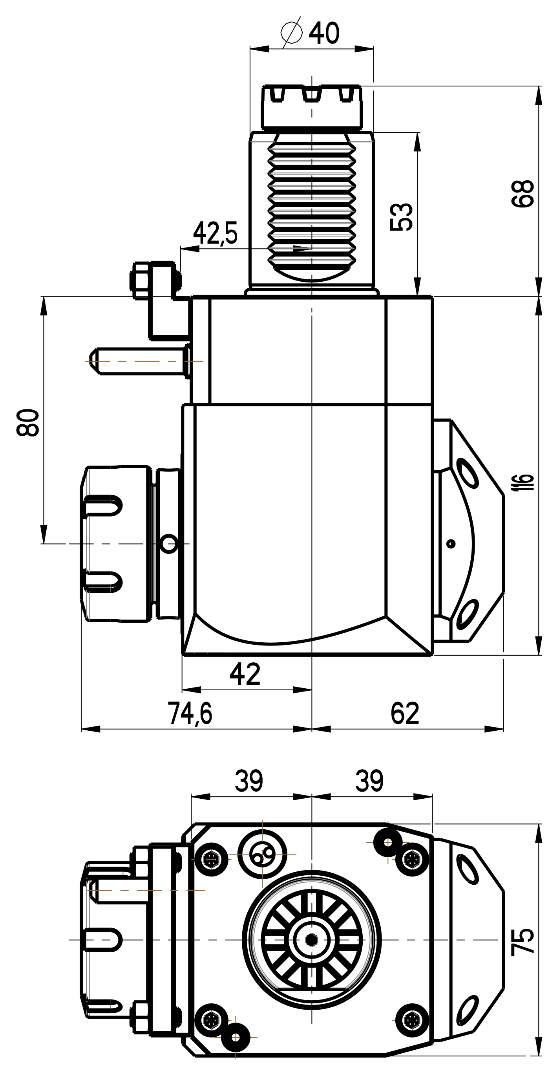 RG Tools VDI 40, winkliger Werkzeughalter, Kupplung TOEM, mit Innenkühlung RGX1-40/241-32/2.2-80D Dimensionen