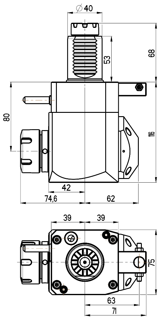 RG Tools VDI 40, winkliger Werkzeughalter, Kupplung TOEM, mit Innenkühlung RGX1-40/241-32/2.2-80 Dimensionen