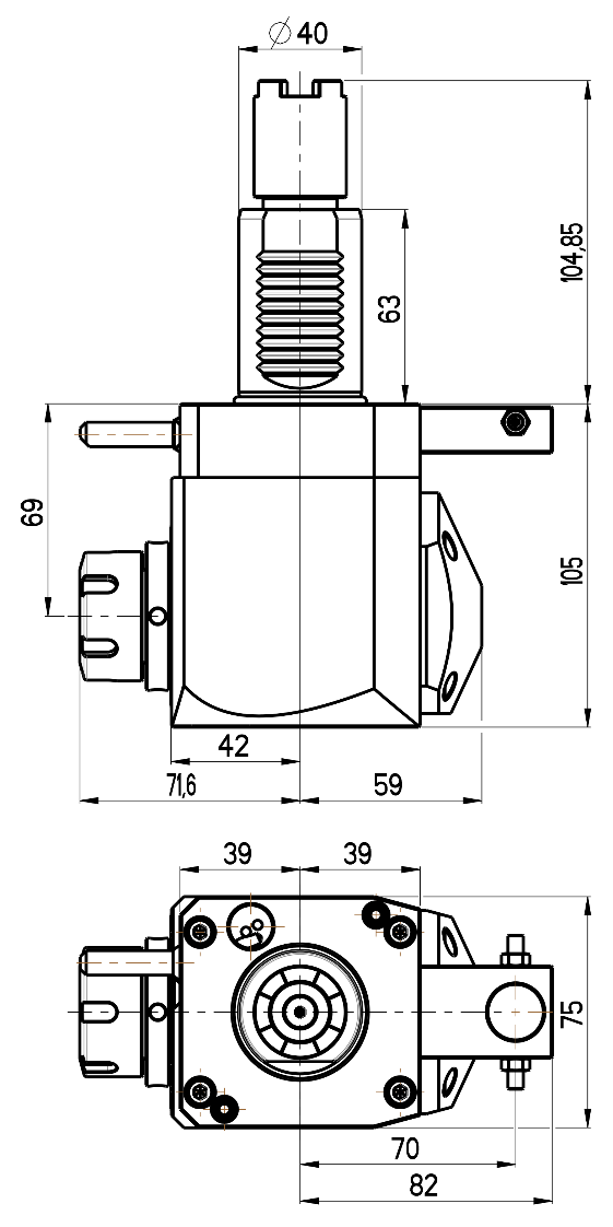 RG Tools VDI 40, winkliger Werkzeughalter, Kupplung HAAS, ohne Innenkühlung RGX1-40/251-25/1.2-69A Dimensionen