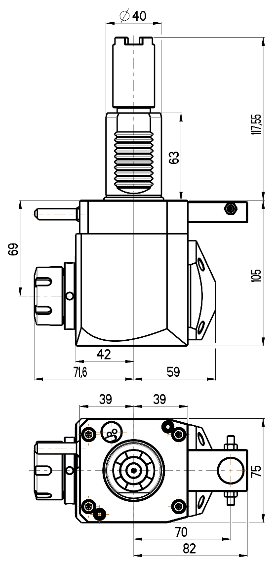 RG Tools VDI 40, winkliger Werkzeughalter, Kupplung HAAS, ohne Innenkühlung RGX1-40/251-25/1.2-69B Dimensionen