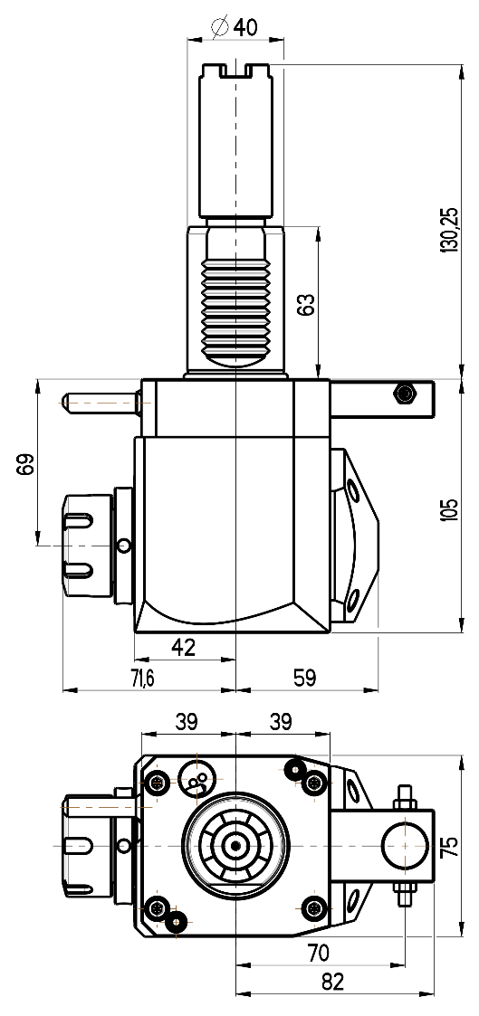 RG Tools VDI 40, winkliger Werkzeughalter, Kupplung HAAS, ohne Innenkühlung RGX1-40/251-25/1.2-69C Dimensionen