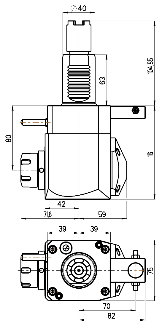RG Tools VDI 40, winkliger Werkzeughalter, Kupplung HAAS, ohne Innenkühlung RGX1-40/251-25/1.2-80A Dimensionen