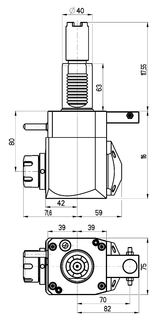 RG Tools VDI 40, winkliger Werkzeughalter, Kupplung HAAS, ohne Innenkühlung RGX1-40/251-25/1.2-80B Dimensionen