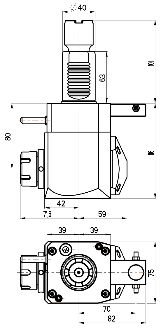 RG Tools VDI 40, winkliger Werkzeughalter, Kupplung Okuma, ohne Innenkühlung RGX1-40/251-25/1.2-80JB Dimensionen