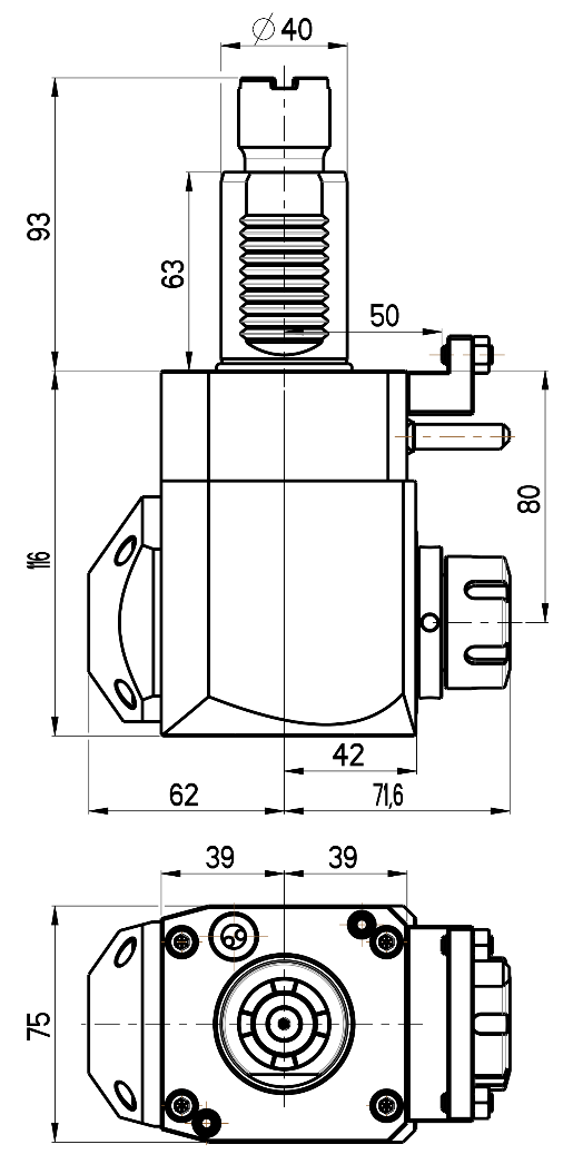 RG Tools VDI 40, winkliger Werkzeughalter, Kupplung Okuma, mit Innenkühlung RGX1-40/251-25/2.1-80JD Dimensionen