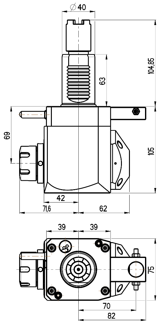 RG Tools VDI 40, winkliger Werkzeughalter, Kupplung HAAS, mit Innenkühlung RGX1-40/251-25/2.2-69A Dimensionen
