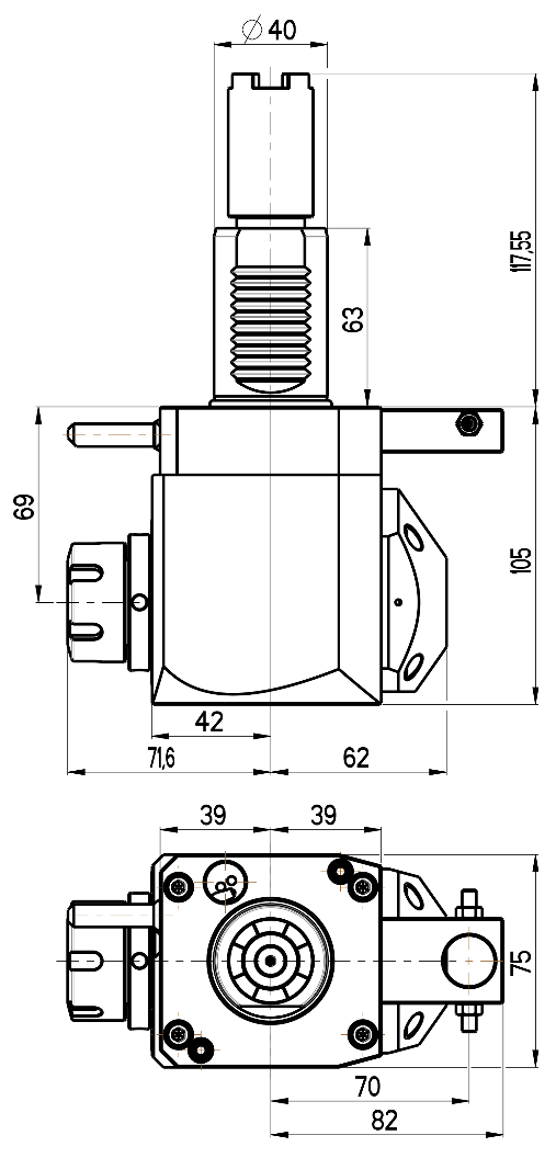 RG Tools VDI 40, winkliger Werkzeughalter, Kupplung HAAS, mit Innenkühlung RGX1-40/251-25/2.2-69B Dimensionen