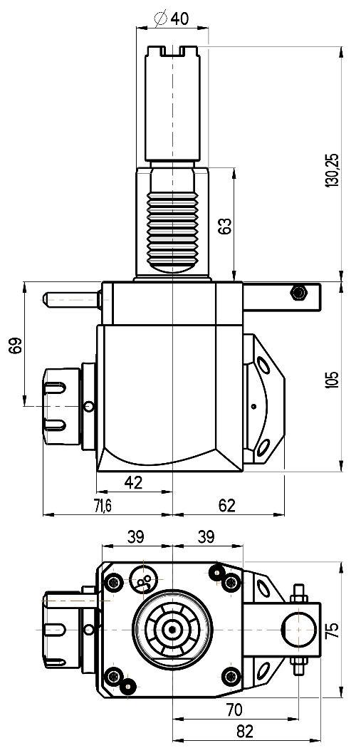 RG Tools VDI 40, winkliger Werkzeughalter, Kupplung HAAS, mit Innenkühlung RGX1-40/251-25/2.2-69C Dimensionen