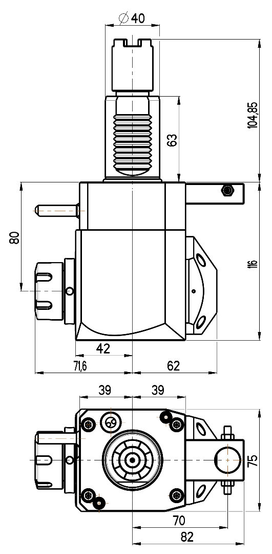 RG Tools VDI 40, winkliger Werkzeughalter, Kupplung HAAS, mit Innenkühlung RGX1-40/251-25/2.2-80A Dimensionen