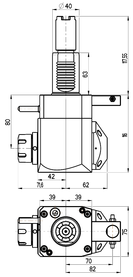 RG Tools VDI 40, winkliger Werkzeughalter, Kupplung HAAS, mit Innenkühlung RGX1-40/251-25/2.2-80B Dimensionen
