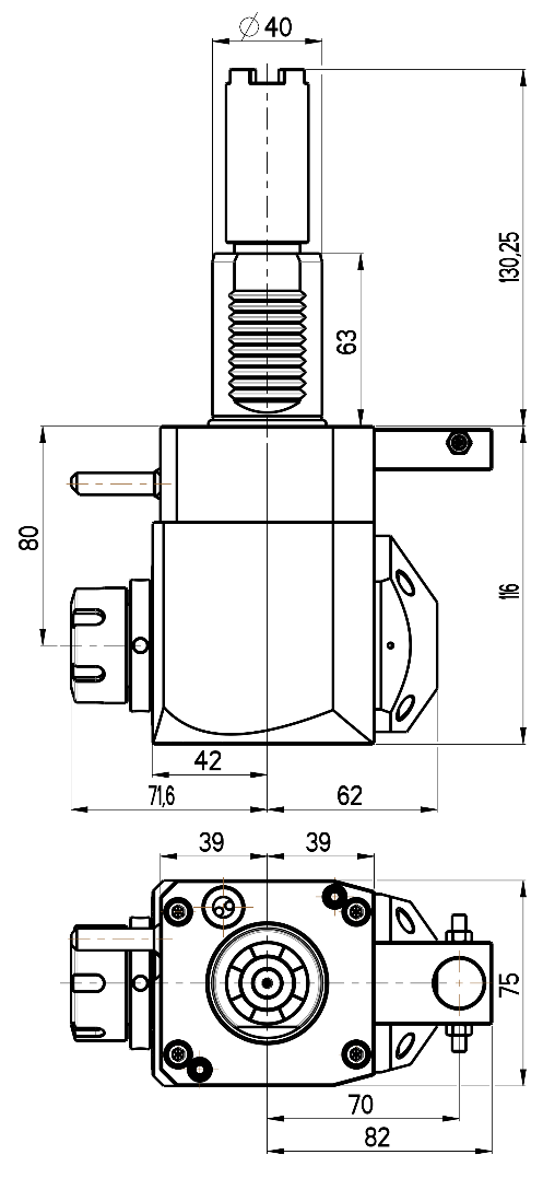 RG Tools VDI 40, winkliger Werkzeughalter, Kupplung HAAS, mit Innenkühlung RGX1-40/251-25/2.2-80C Dimensionen