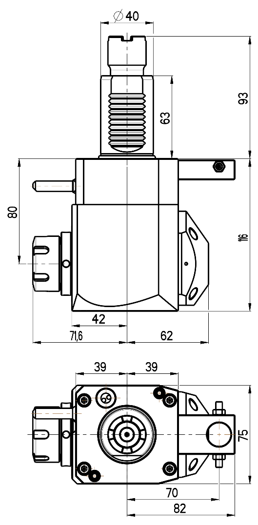 RG Tools VDI 40, winkliger Werkzeughalter, Kupplung Okuma, mit Innenkühlung RGX1-40/251-25/2.2-80JA Dimensionen