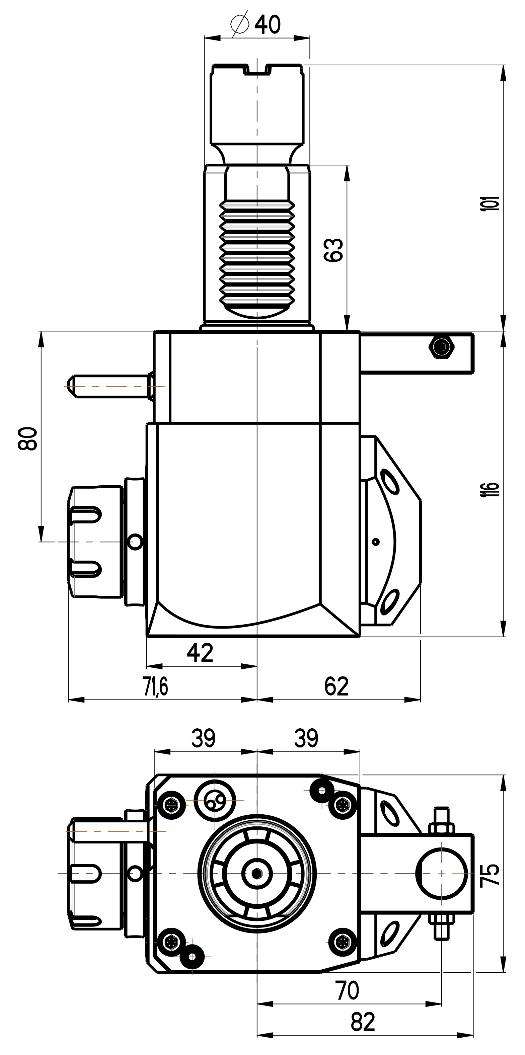 RG Tools VDI 40, winkliger Werkzeughalter, Kupplung Okuma, mit Innenkühlung RGX1-40/251-25/2.2-80JB Dimensionen