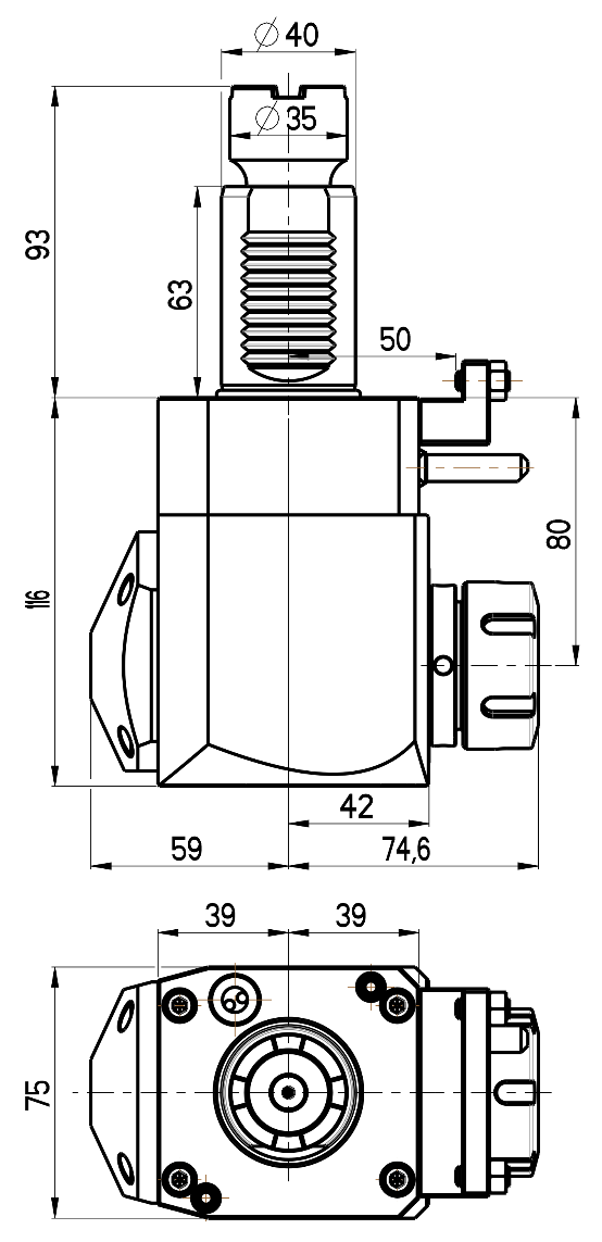 RG Tools VDI 40, winkliger Werkzeughalter, Kupplung Okuma Ø35, ohne Innenkühlung RGX1-40/251-32/1.1-80JC Dimensionen