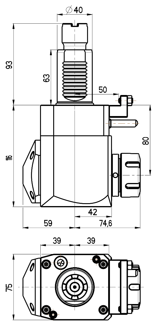 RG Tools VDI 40, winkliger Werkzeughalter, Kupplung Okuma, ohne Innenkühlung RGX1-40/251-32/1.1-80JD Dimensionen