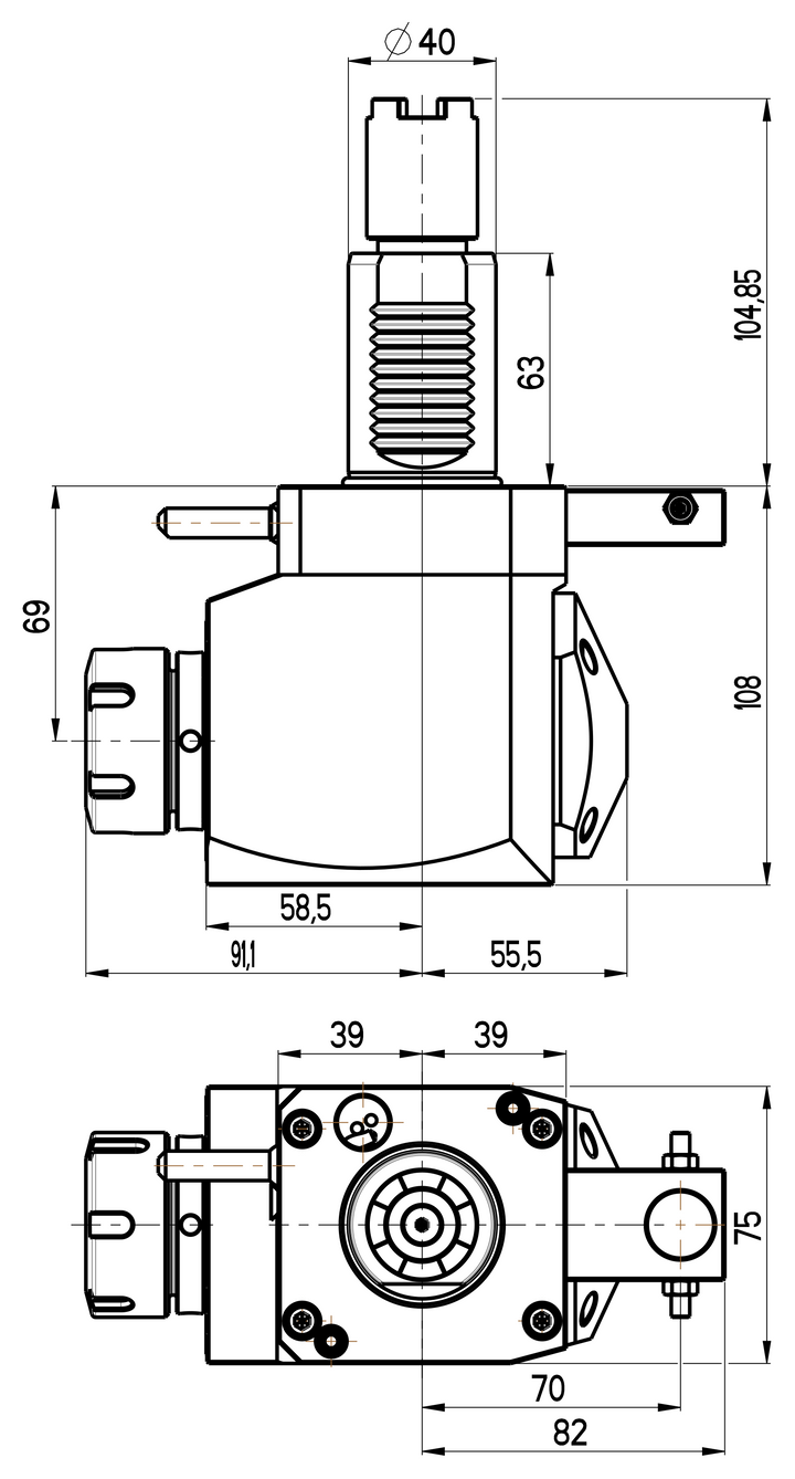 RG Tools VDI 40, winkliger Werkzeughalter, Kupplung HAAS, ohne Innenkühlung, gleiche Richtung RGX1-40/251-32/1.2-69AS Dimensionen