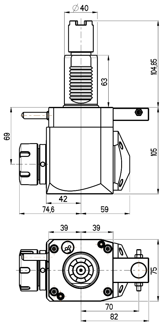 RG Tools VDI 40, winkliger Werkzeughalter, Kupplung HAAS, ohne Innenkühlung RGX1-40/251-32/1.2-69A Dimensionen