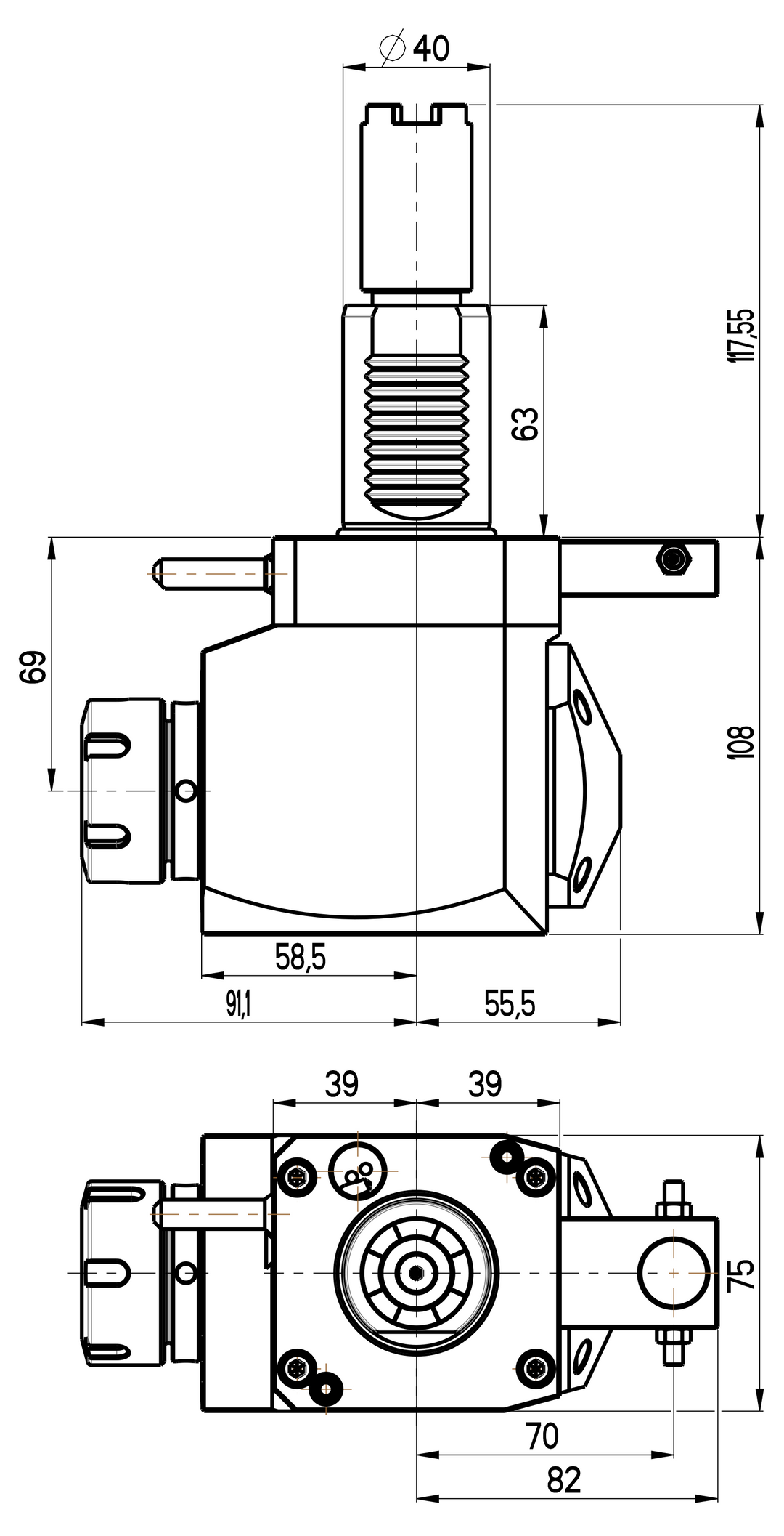RG Tools VDI 40, winkliger Werkzeughalter, Kupplung HAAS, ohne Innenkühlung, gleiche Richtung RGX1-40/251-32/1.2-69BS Dimensionen