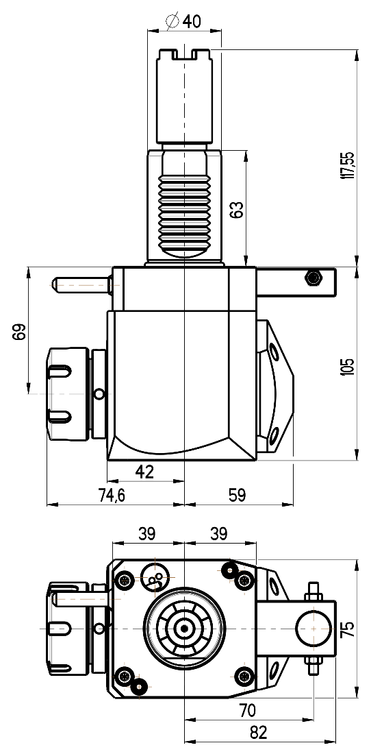 RG Tools VDI 40, winkliger Werkzeughalter, Kupplung HAAS, ohne Innenkühlung RGX1-40/251-32/1.2-69B Dimensionen