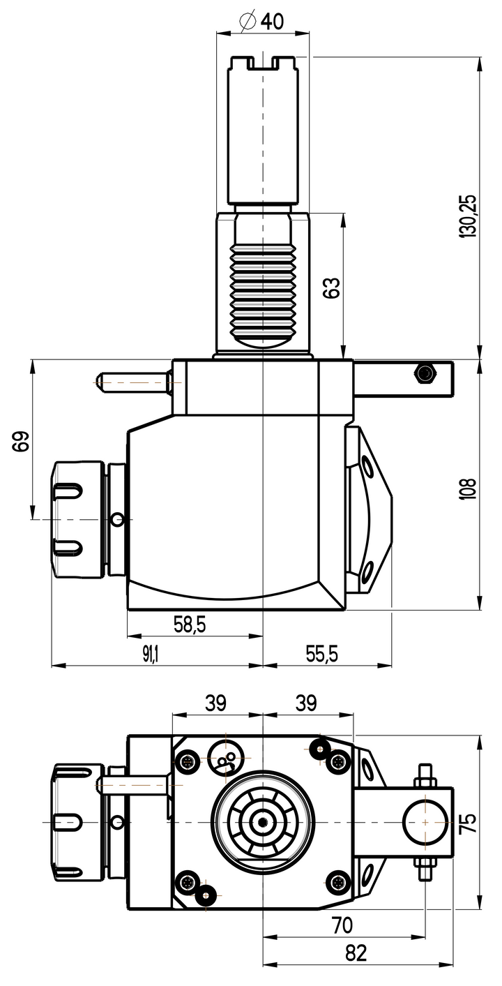 RG Tools VDI 40, winkliger Werkzeughalter, Kupplung HAAS, ohne Innenkühlung, gleiche Richtung RGX1-40/251-32/1.2-69CS Dimensionen