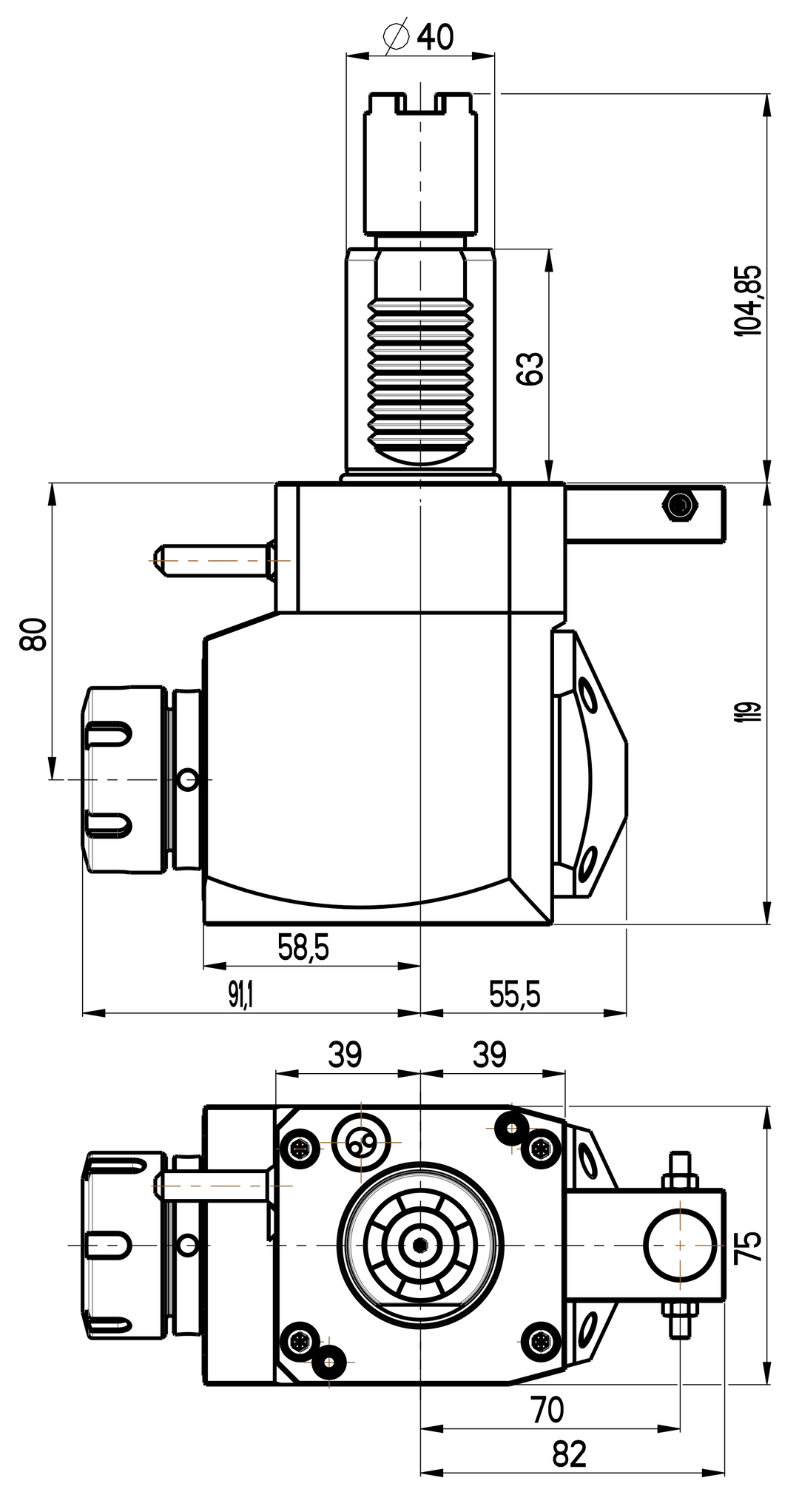 RG Tools VDI 40, winkliger Werkzeughalter, Kupplung HAAS, ohne Innenkühlung, gleiche Richtung RGX1-40/251-32/1.2-80AS Dimensionen