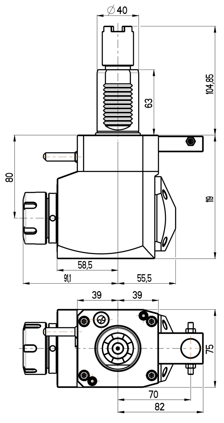 RG Tools VDI 40, winkliger Werkzeughalter, Kupplung HAAS, ohne Innenkühlung, gleiche Richtung RGX1-40/251-32/1.2-80AS Dimensionen