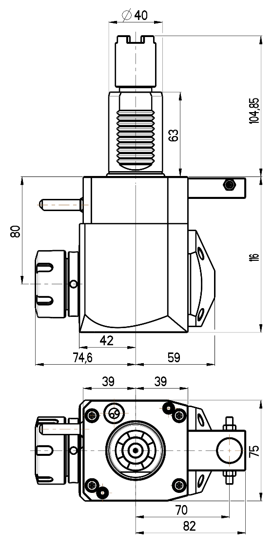 RG Tools VDI 40, winkliger Werkzeughalter, Kupplung HAAS, ohne Innenkühlung RGX1-40/251-32/1.2-80A Dimensionen