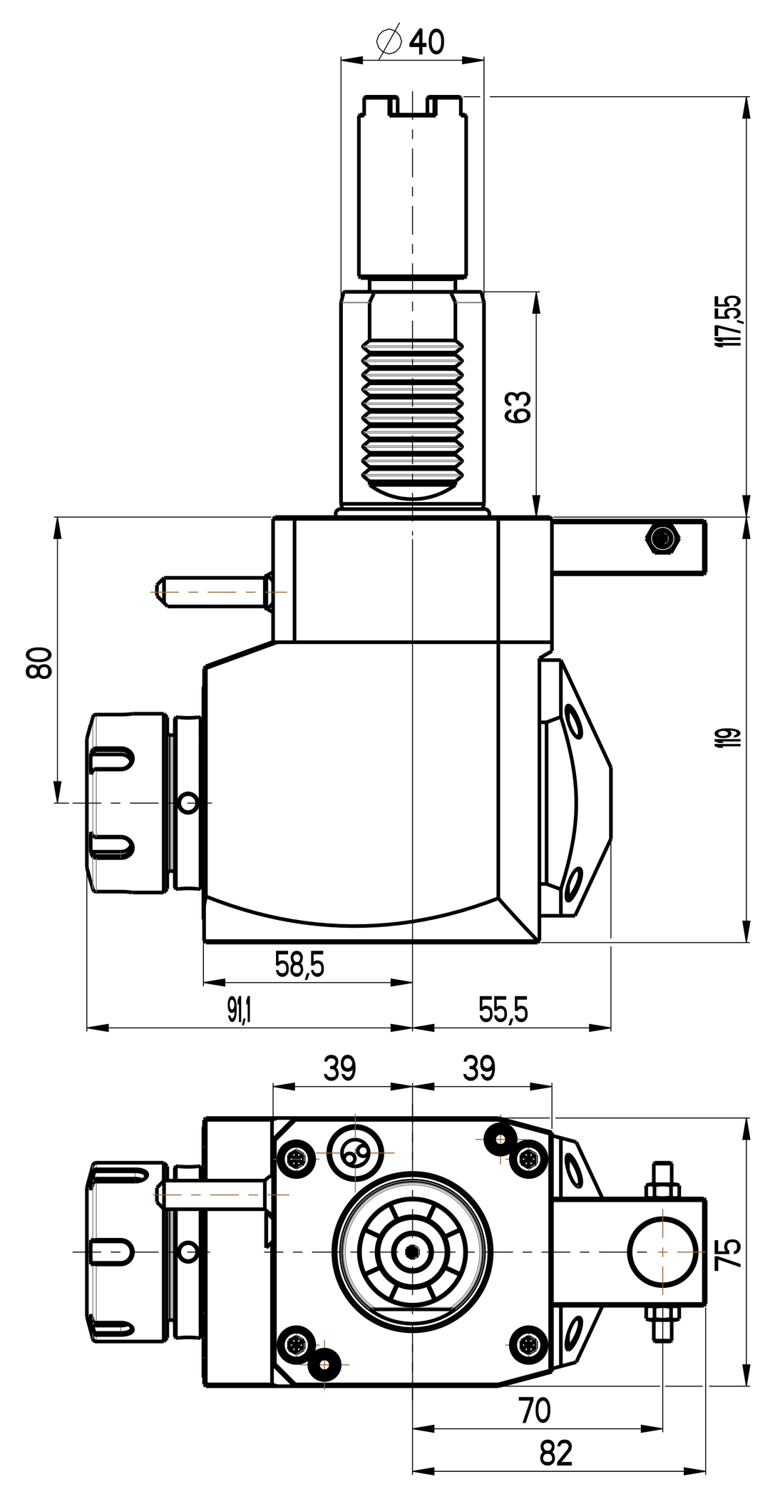 RG Tools VDI 40, winkliger Werkzeughalter, Kupplung HAAS, ohne Innenkühlung, gleiche Richtung RGX1-40/251-32/1.2-80BS Dimensionen