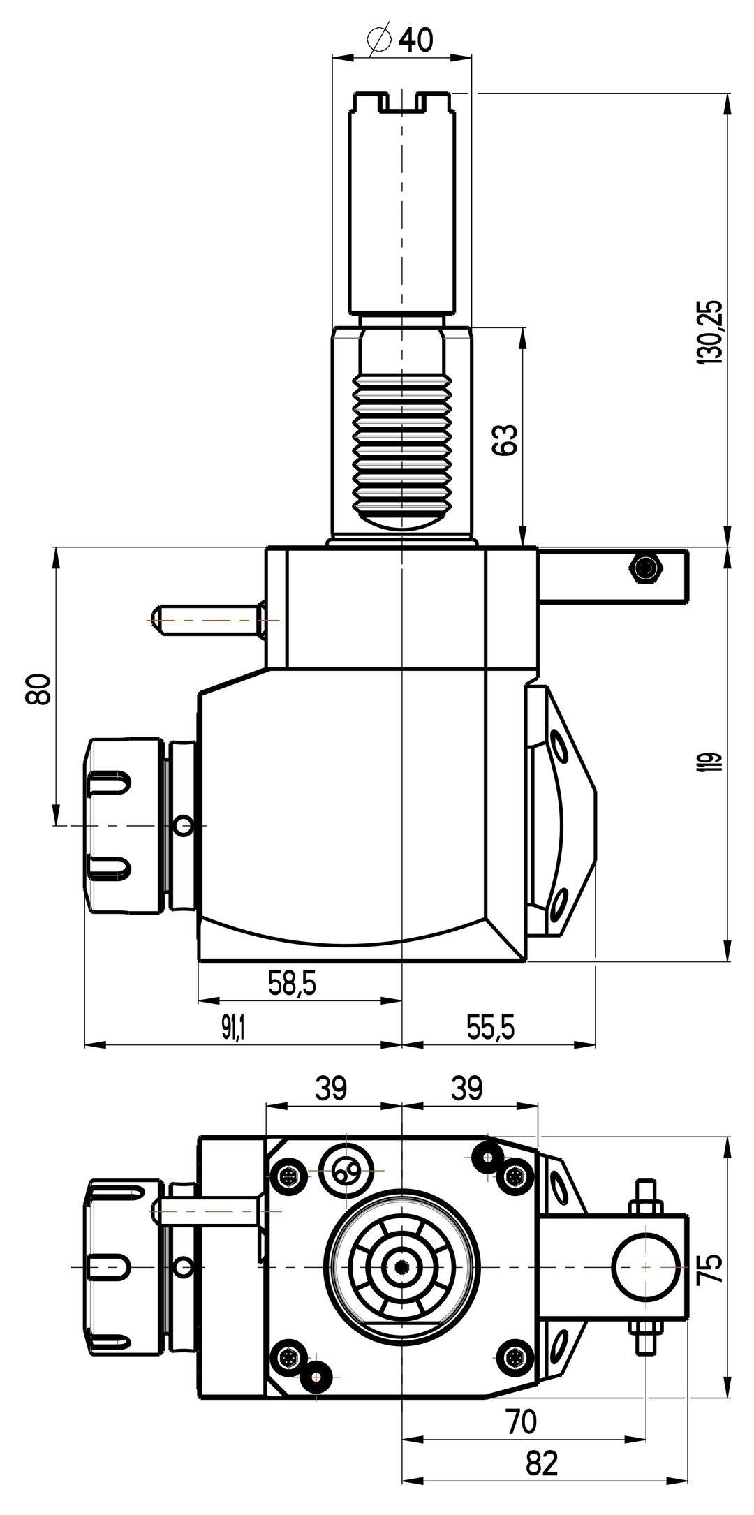 RG Tools VDI 40, winkliger Werkzeughalter, Kupplung HAAS, ohne Innenkühlung, gleiche Richtung RGX1-40/251-32/1.2-80CS Dimensionen