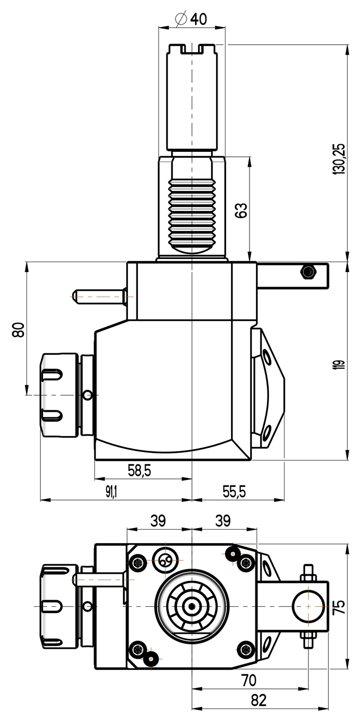 RG Tools VDI 40, winkliger Werkzeughalter, Kupplung HAAS, ohne Innenkühlung, gleiche Richtung RGX1-40/251-32/1.2-80CS Dimensionen