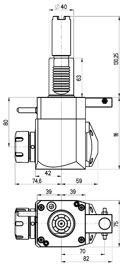 RG Tools VDI 40, winkliger Werkzeughalter, Kupplung HAAS, ohne Innenkühlung RGX1-40/251-32/1.2-80C Dimensionen