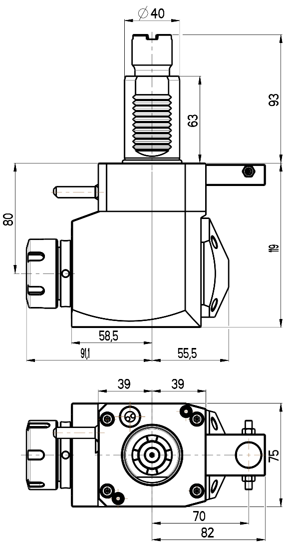 RG Tools VDI 40, winkliger Werkzeughalter, Kupplung Okuma, ohne Innenkühlung, gleiche Richtung RGX1-40/251-32/1.2-80JAS Dimensionen