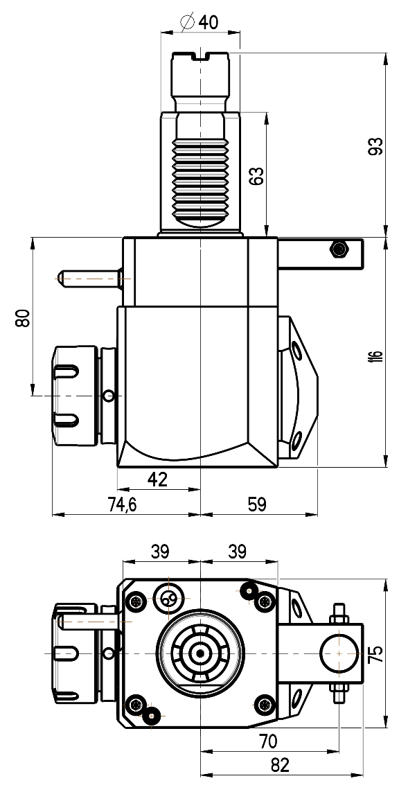 RG Tools VDI 40, winkliger Werkzeughalter, Kupplung Okuma, ohne Innenkühlung RGX1-40/251-32/1.2-80JA Dimensionen