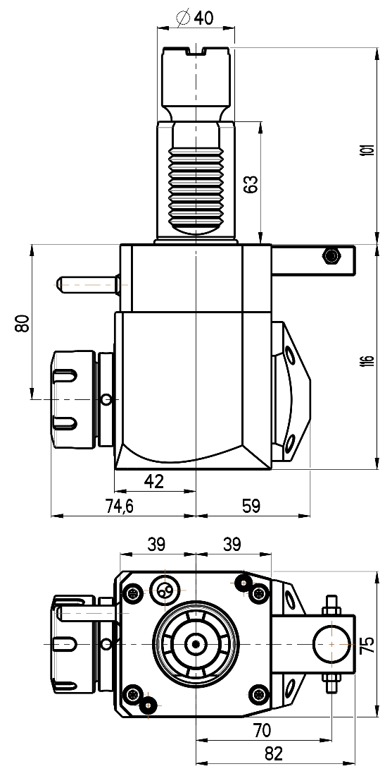 RG Tools VDI 40, winkliger Werkzeughalter, Kupplung Okuma, ohne Innenkühlung RGX1-40/251-32/1.2-80JB Dimensionen
