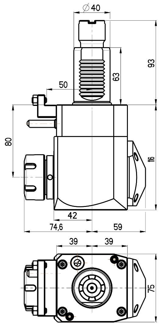 RG Tools VDI 40, winkliger Werkzeughalter, Kupplung Okuma, ohne Innenkühlung RGX1-40/251-32/1.2-80JD Dimensionen