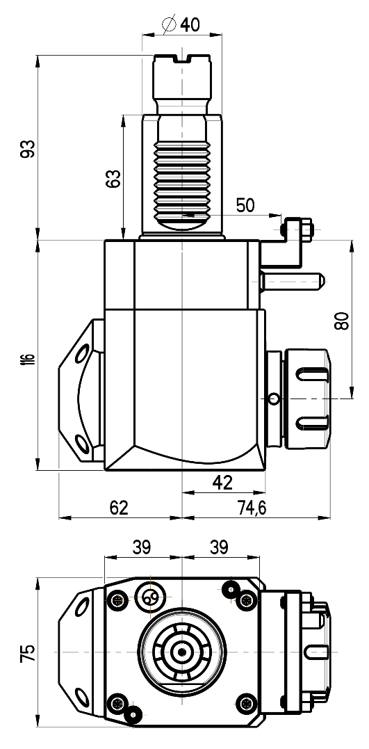 RG Tools VDI 40, winkliger Werkzeughalter, Kupplung Okuma, mit Innenkühlung RGX1-40/251-32/2.1-80JD Dimensionen