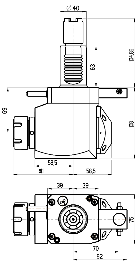RG Tools VDI 40, winkliger Werkzeughalter, Kupplung HAAS, mit Innenkühlung, gleiche Richtung RGX1-40/251-32/2.2-69AS Dimensionen
