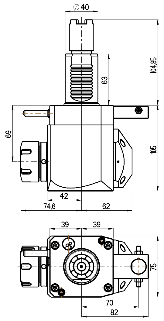 RG Tools VDI 40, winkliger Werkzeughalter, Kupplung HAAS, mit Innenkühlung RGX1-40/251-32/2.2-69A Dimensionen