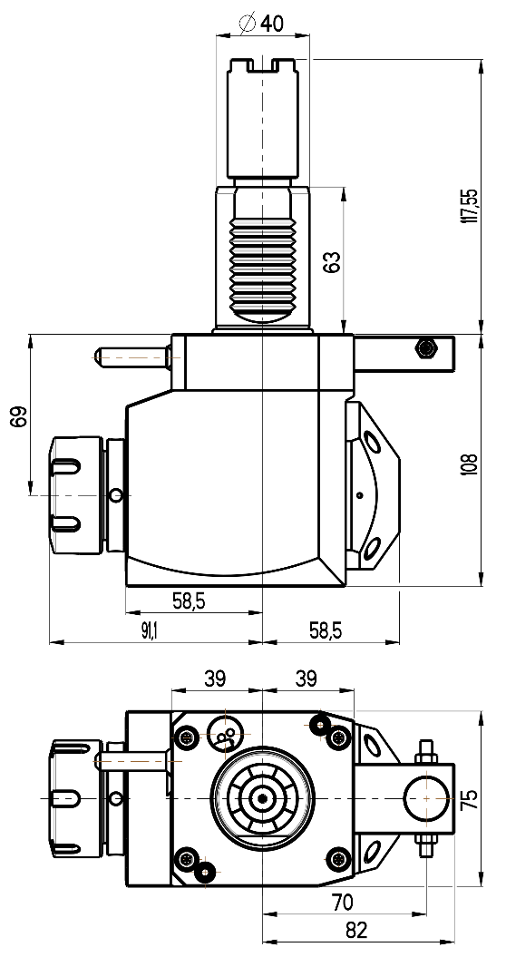 RG Tools VDI 40, winkliger Werkzeughalter, Kupplung HAAS, mit Innenkühlung, gleiche Richtung RGX1-40/251-32/2.2-69BS Dimensionen
