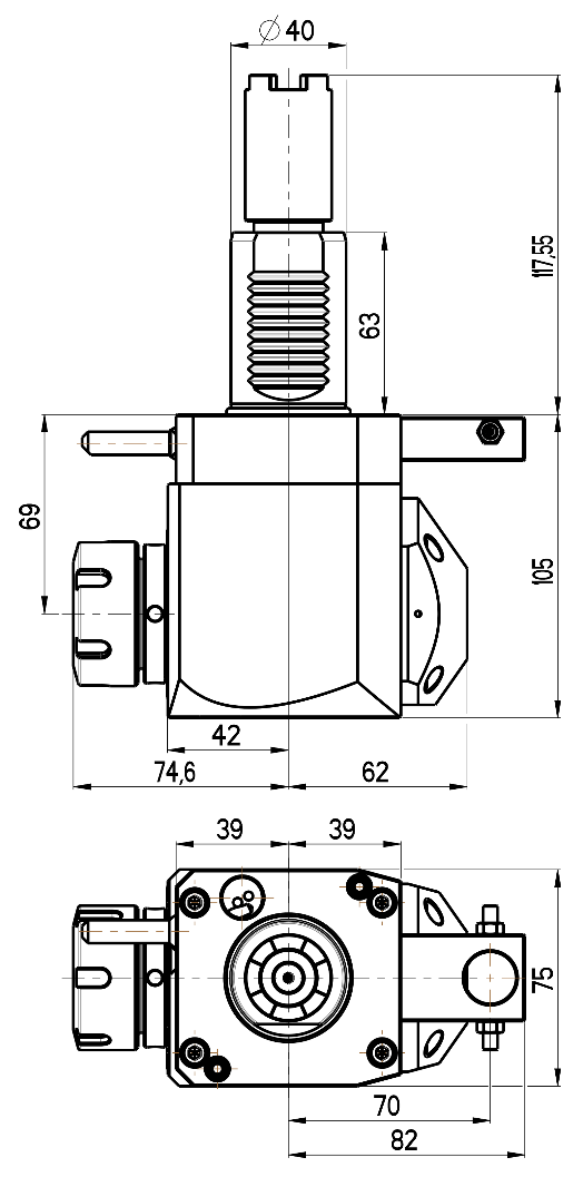 RG Tools VDI 40, winkliger Werkzeughalter, Kupplung HAAS, mit Innenkühlung RGX1-40/251-32/2.2-69B Dimensionen