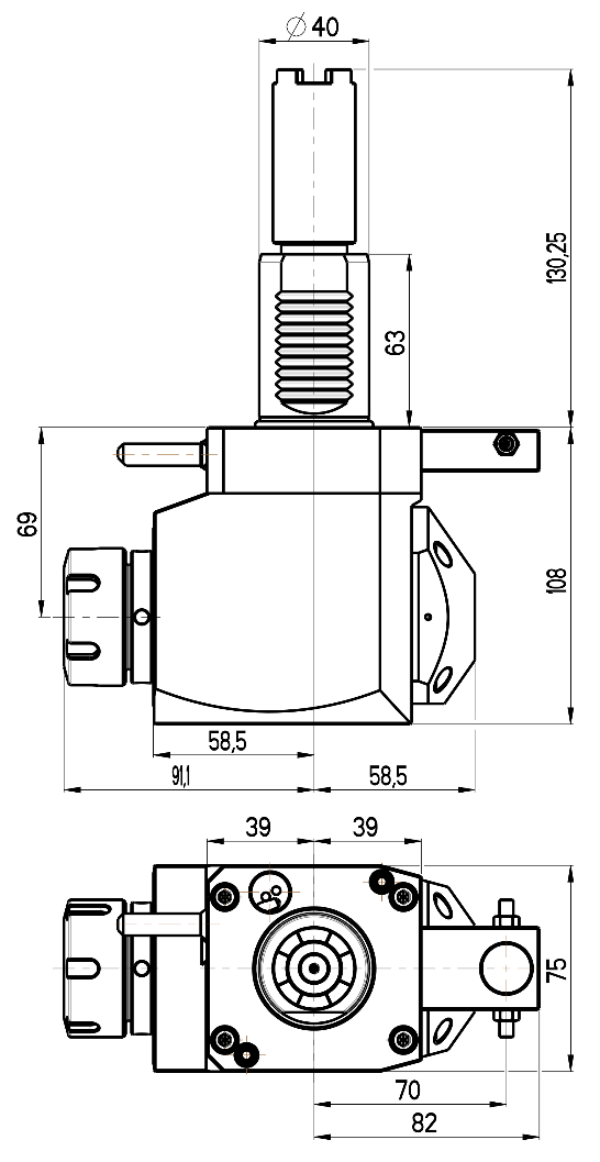 RG Tools VDI 40, winkliger Werkzeughalter, Kupplung HAAS, mit Innenkühlung, gleiche Richtung RGX1-40/251-32/2.2-69CS Dimensionen