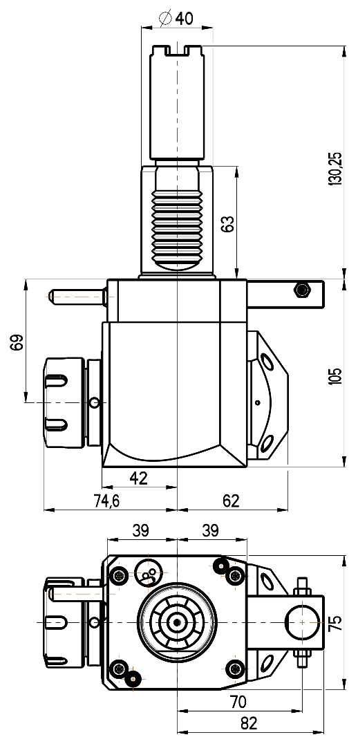 RG Tools VDI 40, winkliger Werkzeughalter, Kupplung HAAS, mit Innenkühlung RGX1-40/251-32/2.2-69C Dimensionen