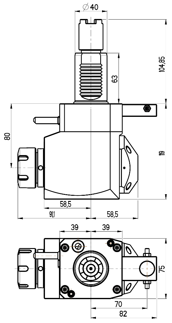 RG Tools VDI 40, winkliger Werkzeughalter, Kupplung HAAS, mit Innenkühlung, gleiche Richtung RGX1-40/251-32/2.2-80AS Dimensionen