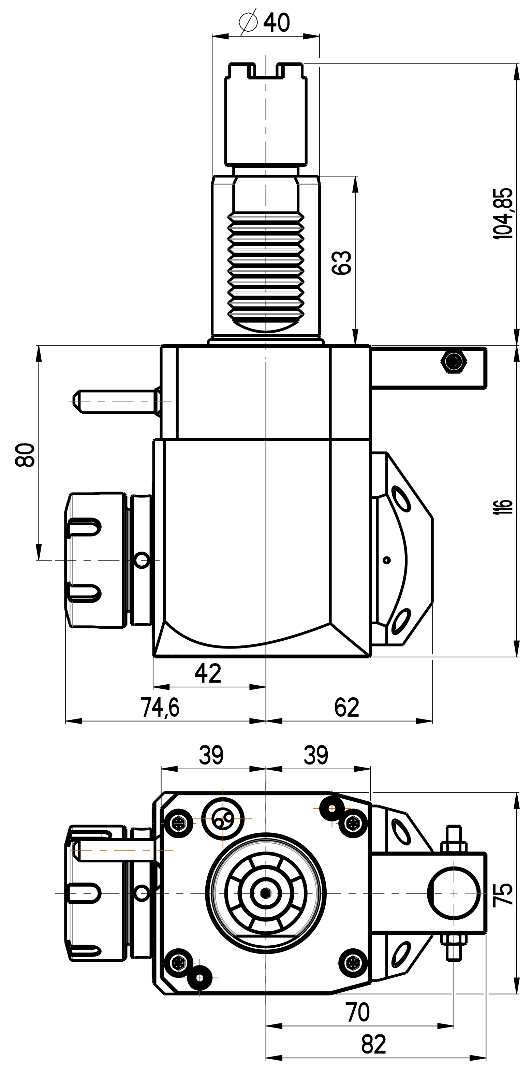 RG Tools VDI 40, winkliger Werkzeughalter, Kupplung HAAS, mit Innenkühlung RGX1-40/251-32/2.2-80A Dimensionen
