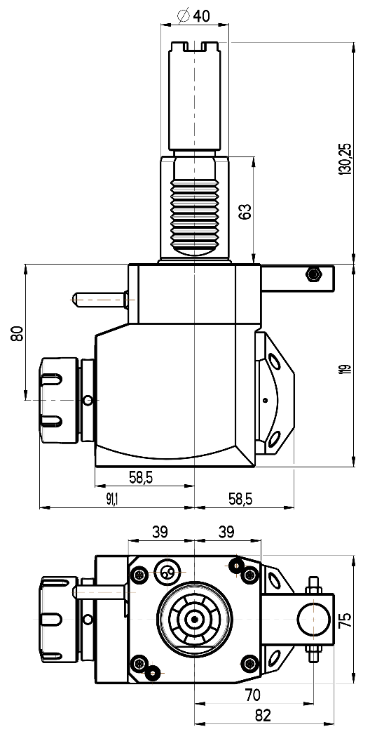 RG Tools VDI 40, winkliger Werkzeughalter, Kupplung HAAS, mit Innenkühlung, gleiche Richtung RGX1-40/251-32/2.2-80CS Dimensionen