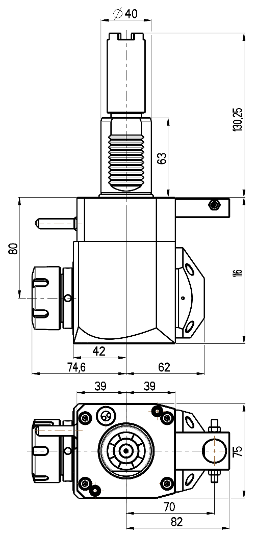 RG Tools VDI 40, winkliger Werkzeughalter, Kupplung HAAS, mit Innenkühlung RGX1-40/251-32/2.2-80C Dimensionen