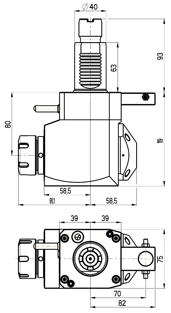 RG Tools VDI 40, winkliger Werkzeughalter, Kupplung Okuma, mit Innenkühlung, gleiche Richtung RGX1-40/251-32/2.2-80JAS Dimensionen