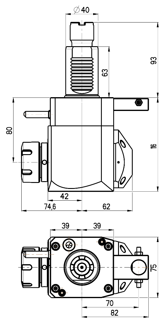 RG Tools VDI 40, winkliger Werkzeughalter, Kupplung Okuma, mit Innenkühlung RGX1-40/251-32/2.2-80JA Dimensionen
