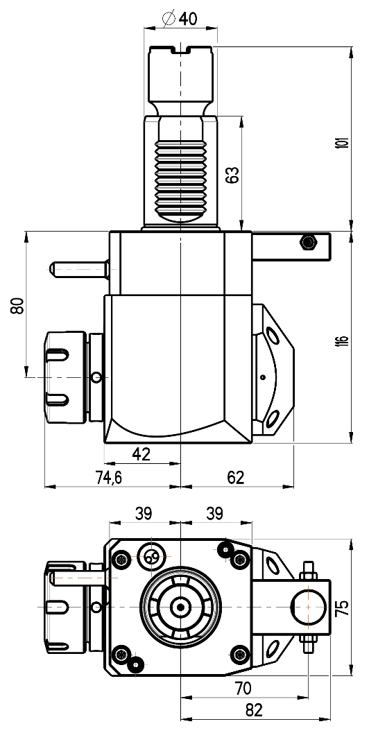 RG Tools VDI 40, winkliger Werkzeughalter, Kupplung Okuma, mit Innenkühlung RGX1-40/251-32/2.2-80JB Dimensionen